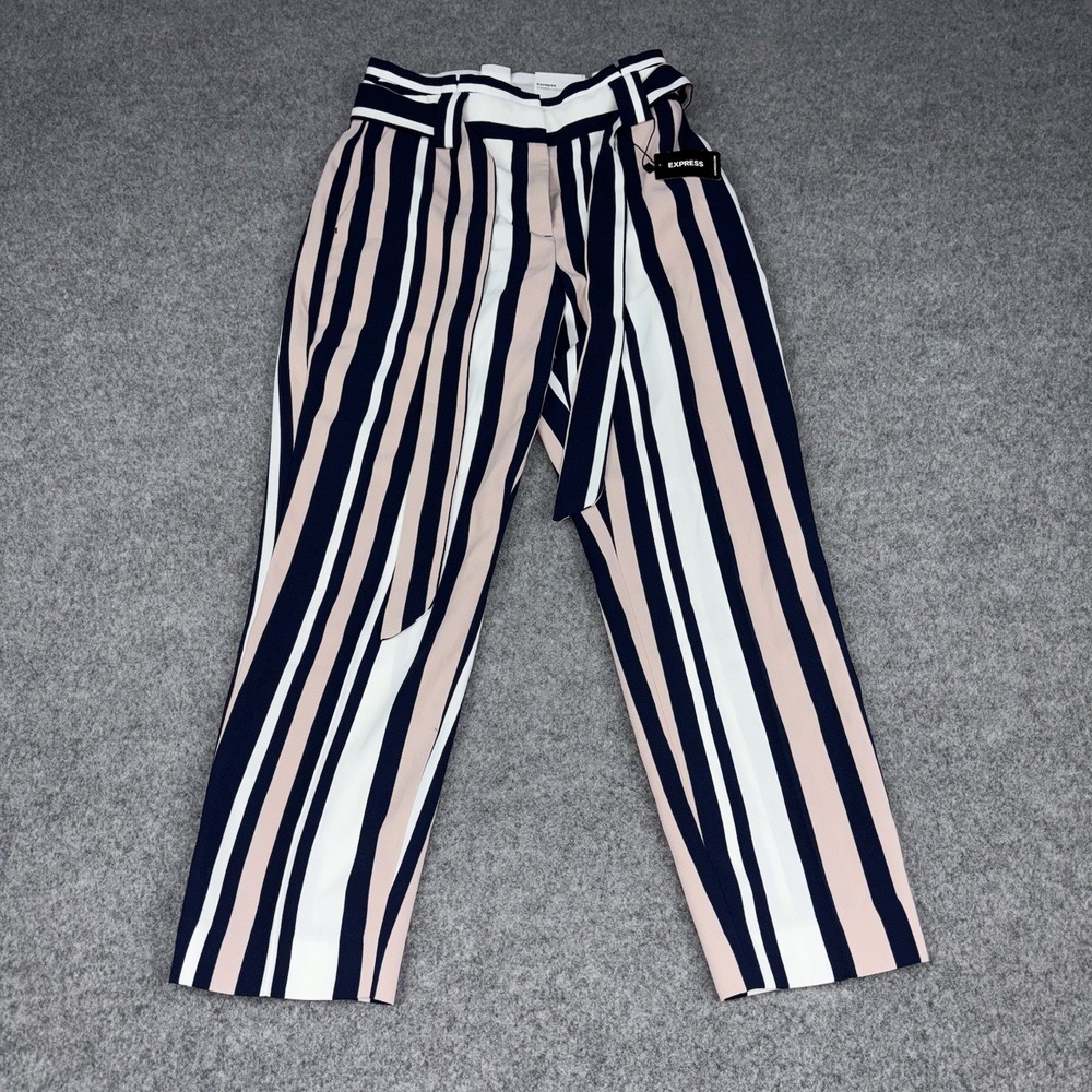 Express Pants Womens 0S High Rise Paperbag Ankle Striped Navy Pink White NWT New